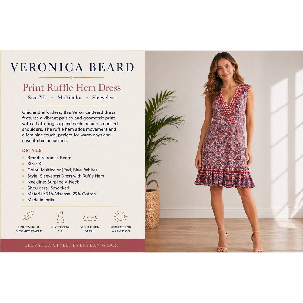 Veronica Beard Dress XL Paisley Sleeveless Smocked Ruffle Hem Boho
